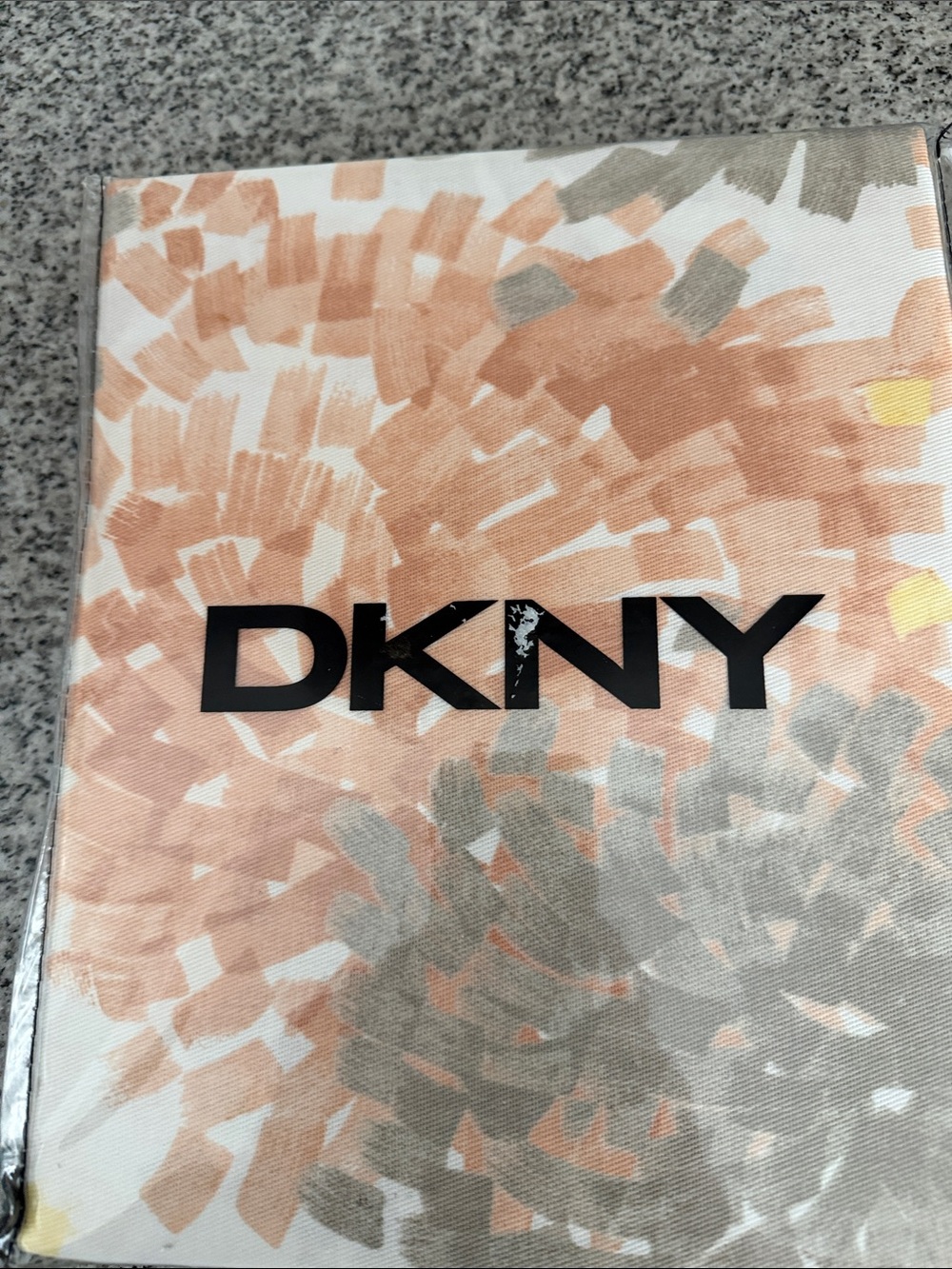 DKNY Peach & Gray Brushstroke Canvas Tote with Bold Black Logo